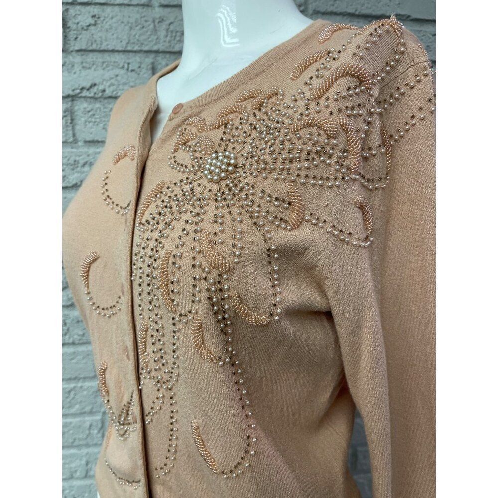 Anne Klein Women Nude Long Sleeve Faux Pearl Beaded Sweater Size PL - Picture 6 of 10